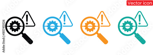 Set of colorful gear icons with magnifying glass and warning signs for business and technology use