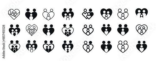 Collection of family and couple icon designs in various heart sh
