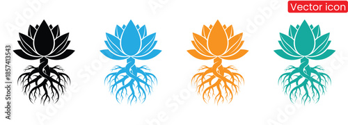 Set of vibrant lotus flower icons in multiple colors for design and decoration, conveying spiritual growth and harmony