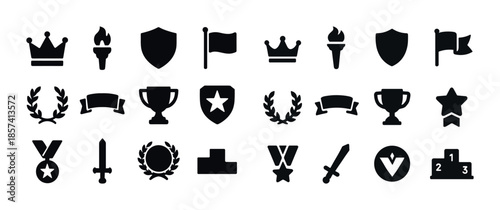 Collection of black silhouette icons: crowns, shields, flags, tr