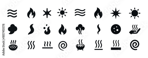 Set of heat and steam icons featuring fire, sun, and abstract el