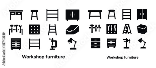 Collection of workshop furniture and tool icons for design proje