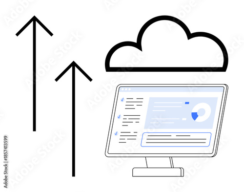 Data storage, cloud technology, digital management, uploading files, online services, and IT solutions. Monitor displaying technological interface with arrows pointing to cloud icon. Cloud technology