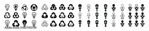 Light bulb recycling icons set in black and white
