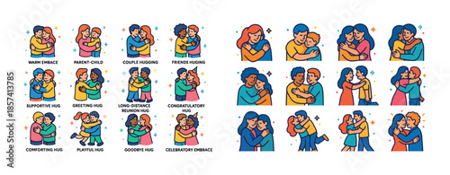 Diverse embraces: illustrations of warm hugs and affectionate co