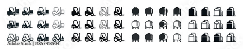 Collection of forklift and industrial tank icons in black and wh