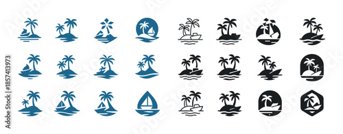Set of tropical island and sailboat icons featuring palm trees a