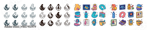 Diverse icon set of hands and baby items in various styles and c