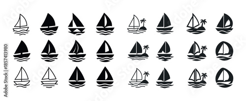 Set of various sailboat icons in black silhouette design