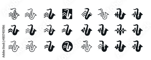 Collection of saxophone icons in various styles and designs