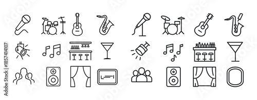 Line icons of musical instruments and entertainment elements