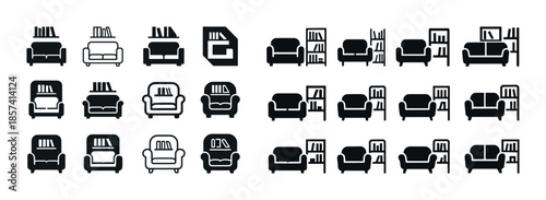 Collection of sofa and bookshelf icons in various styles and arr