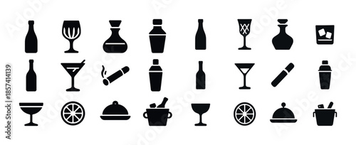 Collection of silhouette drink icons featuring glasses, bottles,