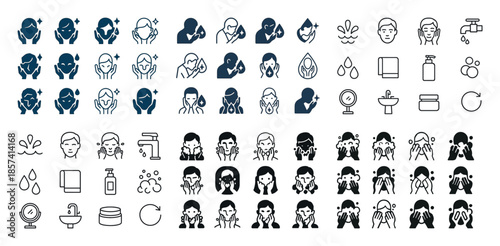 Diverse skincare routine icons featuring facial cleansing and hy