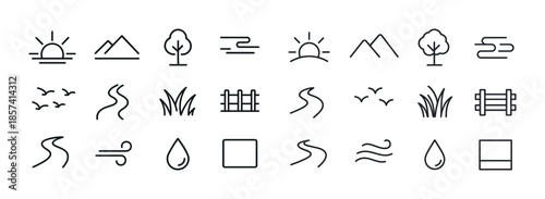 Minimalist nature icons including trees, mountains, sun, and wat