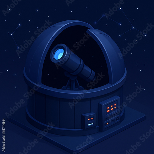 Detailed Isometric Illustration of an Astronomical Observatory with a Telescope Gazing at the Starry Night Sky, Representing Cosmic Exploration and Scientific Discovery