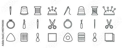 Set of sewing icon illustrations featuring needles, thread, scis
