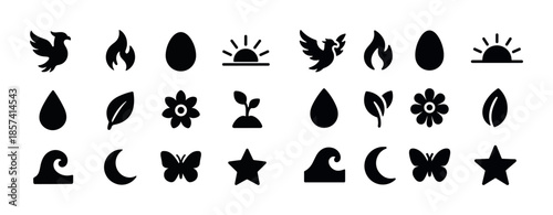 Set of black icons: nature elements, animals, plants, celestial,