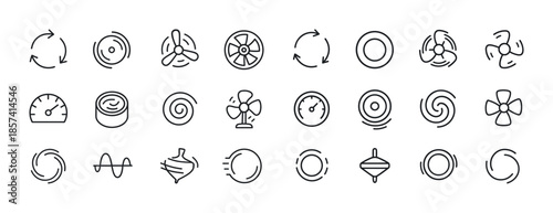 Set of line art icons depicting diverse fan and cyclone symbols