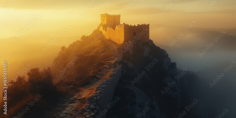 Fototapeta premium Medieval castle ruins emerging from fog at golden hour