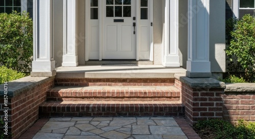 Exterior home entryway with brick steps and a white door