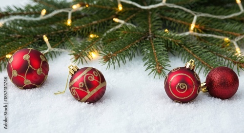 Festive Christmas ornaments on snow with twinkling lights