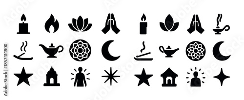 Collection of spiritual and meditation icons: candle, lotus, man