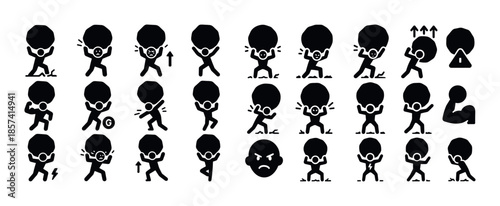 Silhouette icons of figures lifting and struggling with heavy ob