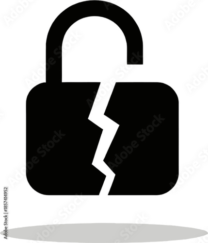 Broken Open Padlock Icon – Black Cracked Lock Symbol with Shadow on White Background for Cyber Security Breach and Data Protection Warning