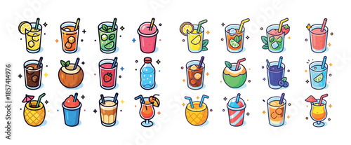 Colorful assortment of refreshing beverages in playful cartoon s