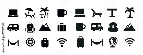 Vacation and travel icons: laptop, palm trees, mug, luggage, wif