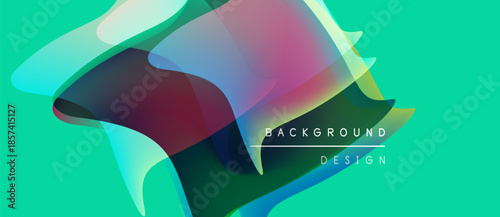 Abstract fluid shapes overlap, creating vibrant color gradients. Turquoise background complements design elements. Text reads background design.