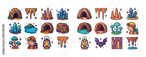 Colorful cave exploration icons with elements like crystals, mus