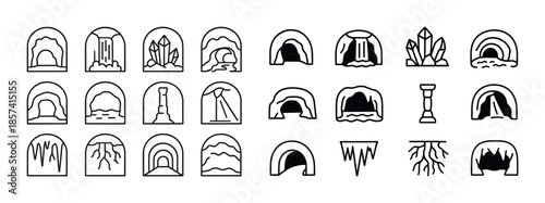 Collection of minimalist cave icons featuring crystals, waterfal