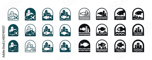 Set of urban fish icons with cityscapes and waves in monochrome