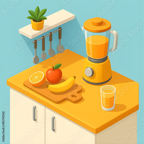 Isometric kitchen scene with a vibrant yellow blender, fresh fruits, and a glass of homemade juice, ideal for illustrating healthy eating, natural nutrition, and beverage preparation