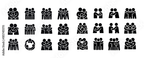 Set of diverse iconic hugging figures depicting warmth and conne
