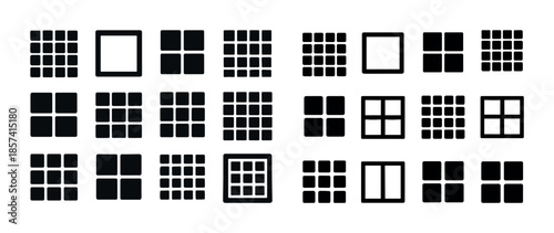 Various grid icons: diverse black grid shapes on white backgroun