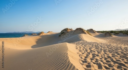 Golden sand dunes meet a clear blue sea