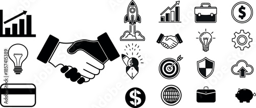 Business partnership and finance icons including handshake charts and money symbols