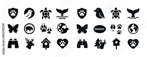 Wildlife conservation icons set: animals, paw prints, earth, end