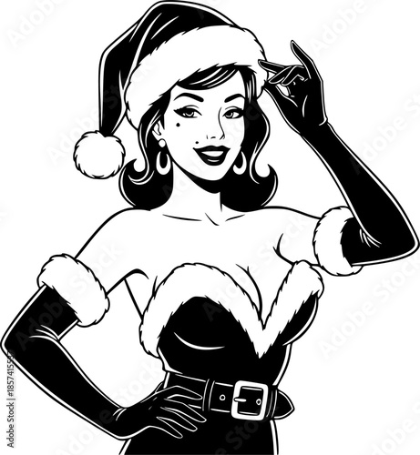 Vintage Pin-Up Santa Christmas Girl Vector Illustration