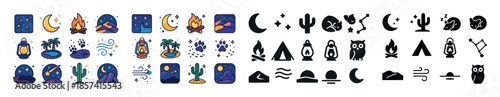 Camping icons: campfire, tent, lantern, owl, night sky, cactus,