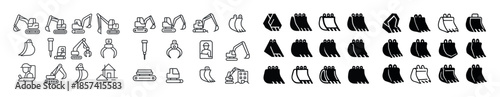 Construction equipment icons: excavators, cranes, buckets, and t
