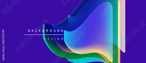 Abstract vibrant design. Overlapping layers create dynamic visual effect. Purple background emphasizes colorful shapes, lines. Modern aesthetic.
