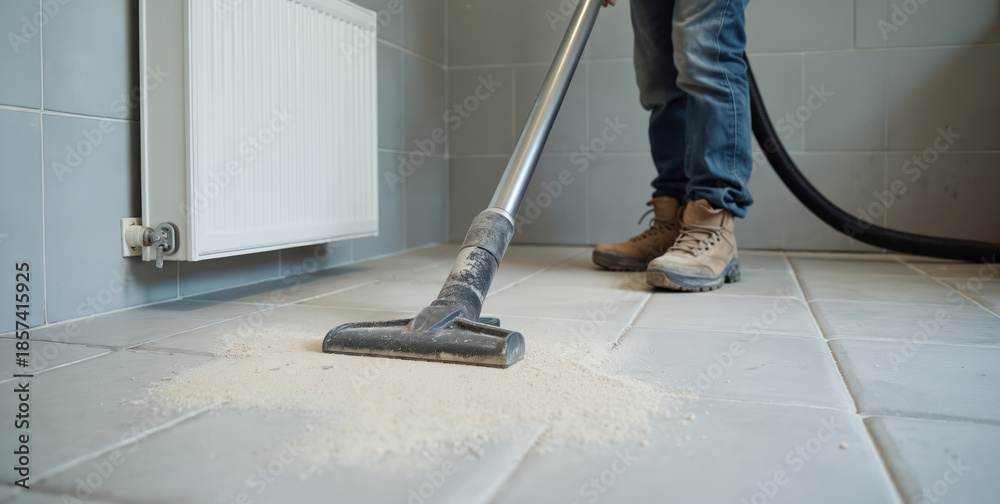 Fototapeta premium Man uses industrial vacuum cleaner to remove dust on tiled floor after construction. Worker cleans debris near radiator in room. Pro cleanup of building site.