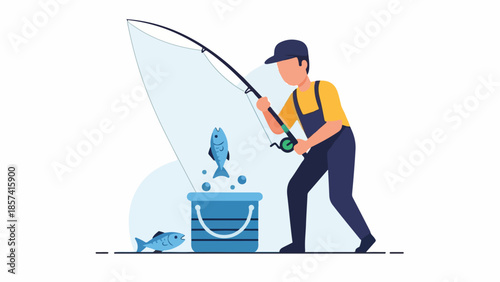 Fisherman Fishing with Rod, Catching Fish from Bucket