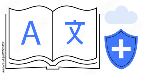 Language translation, cybersecurity, cloud technology, data privacy, multilingual services, digital communication. Open book with letters and shield with cross icon. Language translation