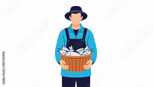Fisherman Holding a Wicker Basket Full of Fresh Fish