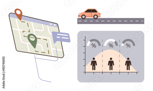Map with location pins and path, car driving on road, chart with statistics and human figures. Ideal for navigation, travel planning, data analytics, logistics, transportation, demographic studies